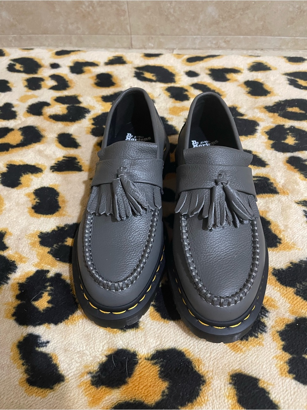 Dr. Martens Charcoal Grey Leather Tassel Loafers with Yellow Stitching